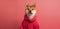 Shiba Inu Dog Dressed in Red Hoodie Against Pink Background