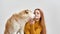 Shiba Inu dog licking face of caucasian woman