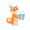 Shiba Inu Dog in Party Hat Holding Gift Box, Cute Funny Japan Pet Animal Cartoon Character Vector Illustration