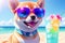 Shiba inu dog with sunglasses and cocktail on the beach. Generative AI