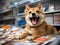 Shiba Inu dog working in vibrant office