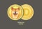 Shiba Inu. Dogecoin cryptocurrency. Set. Meme tokens. Cryptocurrency Isolated on dark background.