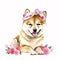 A Shiba Inu Puppy in Watercolor with a Pink Headband Bandana and Bowthat Will Melt Your Heart AI Generated