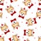 Shiba Inu Santa Claus Dog with Red Ribbon. on Pink Polka dot White Background. Vector Illustration