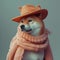 a Shiba Inu in a scarf with a peach hat