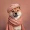 a Shiba Inu in a scarf with a peach hat