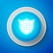 Shield with cyber security brick wall icon isolated on blue background. Data protection symbol. Firewall logo. Network