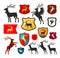 Shield with deer, reindeer, stag vector logo. Coat of arms, heraldry set icons