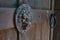 Shield in the form of a copy of the Forged Roman Lion on wooden gates. Left view