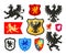 Shield with griffin, gryphon, eagle vector logo. Coat of arms, heraldry set icons