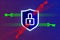 Shield with lock on digital, cyber background. Network protection, GDPR, reflection and protection against hacker attacks