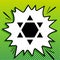 Shield Magen David Star Inverse. Symbol of Israel inverted. Black Icon on white popart Splash at green background with white spots