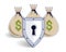 Shield over 3 money bags,  financial security concept, business and finance protection, investments credits and deposit banking