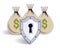 Shield over 3 money bags, financial security concept, business and finance protection, investments credits and deposit banking