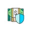 Shield with pile of money banknotes, money safety, insurance, protection money color lineal icon. Cash payment, paper