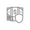 Shield with pile of money banknotes, money safety, insurance, protection money lineal icon. Cash payment, paper bill