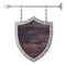 Shield Shaped Rusty Wooden Signboard with Chains. 3d Rendering