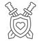 Shield and swords with heart thin line icon, self defense concept, Coat of arms sign on white background, medieval