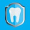 Shield with a tooth. Dentistry logo. Tooth protection symbol. Clean gums. Vector illustration
