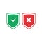 Shields with check mark and cross icons set. Red and green shield with checkmark and x mark. Protection, safety, security,