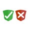 Shields with check mark and cross icons set. Red and green shield with checkmark and x mark on white