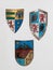 Shields with coats of arms hang on the wall in the weapons roomShields with coats of arms hang on the wall in the weapons room in