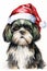 Shih Tzu dog in christmas santa claus hat watercolor art. Christmas Shih Tzu dog illustration.