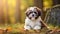 Shih Tzu dog with long groomed hair, outdoor portrait of 9 month old puppy.