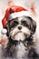 Shih Tzu dog with santa claus hat watercolor illustration. Christmas Shih Tzu dog illustration.