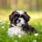 Shih Tzu puppy sitting on the green meadow in summer green field. Portrait of a cute Shih Tzu pup sitting on the grass with a