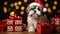 Shih Tzu small dog Christmas portrait with Christmas gifts. Shih Tzu. Christmas holidays with dogs banner poster. AI generated