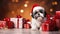 Shih Tzu small dog in Santa Claus hat. Shih Tzu. Christmas holidays with dogs banner poster. AI generated