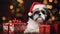 Shih Tzu small dog wearing Santa Claus hat with Christmas gifts. Shih Tzu. Horizontal Christmas banner poster. AI generated