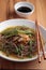 Shiitake, soba, and green bean soup