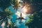 Shimmering Airplane over tropical palm tree. Generate Ai