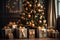 Shimmering Christmas tree with golden baubles and abundance of gifts, a captivating festive display