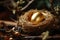 Shimmering golden egg nestled among twigs in a birds cozy home