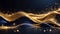 A shimmering, golden wave pattern flows over a dark background with sparkling particles. Product package design. Abstract and