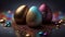 Shimmering metallic chocolate Easter eggs on a table with cocoa powder on the top and shimmering sprinkles of metallic glitter -