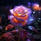 Shimmering Rose: Purple & orange petals shine, kissed by red & blue lights., generative ai