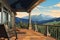 shingle house with a wide veranda overlooking mountains, magazine style illustration