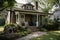 shingle-roofed house with shady porch and rockers on the lawn