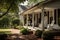 shingle-roofed house with shady porch and rockers on the lawn