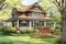 shingle style home with well-manicured lawn, magazine style illustration