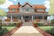 shingle-style house with wide veranda and grand entrance, magazine style illustration