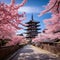 Shingon Buddhist temple and cherry blossom trees in a Japan-like landscape - AI Generated