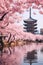 Shingon Buddhist temple and cherry blossom trees in a Japan-like landscape - AI Generated