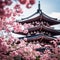 Shingon Buddhist temple and cherry blossom trees in a Japan-like landscape - AI Generated