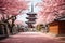 Shingon Buddhist temple and cherry blossom trees in a Japan-like landscape - AI Generated