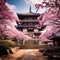 Shingon Buddhist temple and cherry blossom trees in a Japan-like landscape - AI Generated